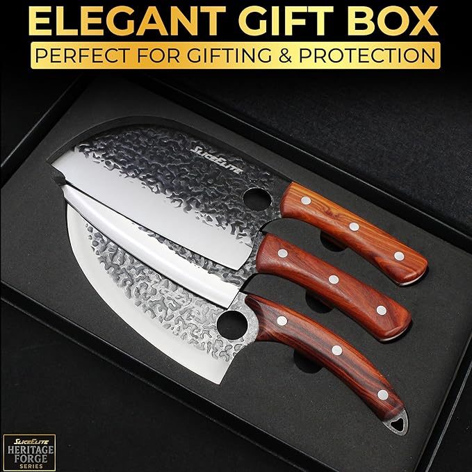 SliceElite Heritage Forge 3 Piece Butcher Knife Set Serbian Chef Meat Cleaver Viking Knife High Carbon Stainless Steel Full Tang Sandalwood Handle BBQ Grilling Camping Cooking Gift Set For Men &amp W