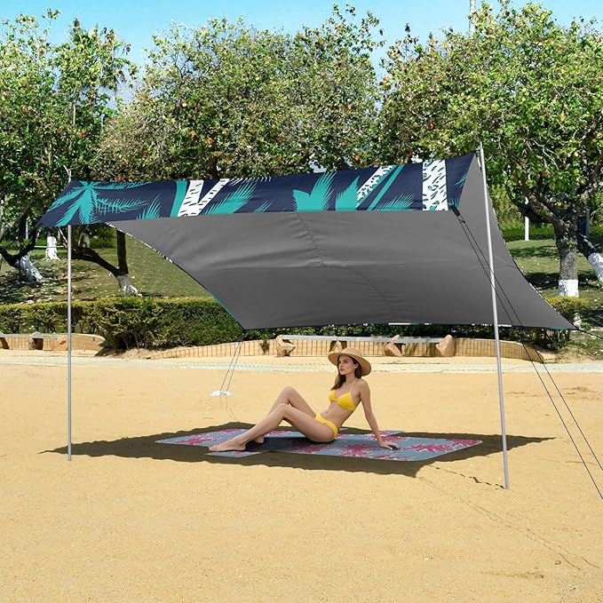 xigua Palm Tree Beach Tent Sun Shelter with Carrying Bag - Silver Coated Oxford Fabric Beach Canopy for Beach Camping Fishing - Includes Windproof Ropes Sandbags &amp Stakes