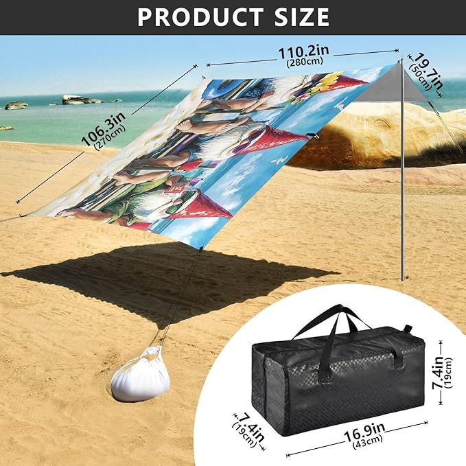 ALAZA Three Gnomes Beach Summer Beach Tent Sun Shelter UPF50+ Protection Beach Shade Canopy w/ 4 Sandbags for Outdoor Camping Fishing Backyard Fun Picnic 10x9 ft