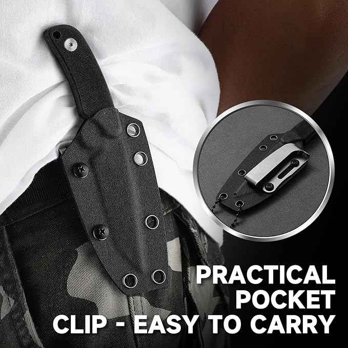 Omesio Neck Knife Small Tanto Fixed Blade with Kydex Sheath and Clip Full Tang 6 Necklace Mini Tactical EDC Knife - D2 Steel G10 Handle (Black Steel + Black Handle)