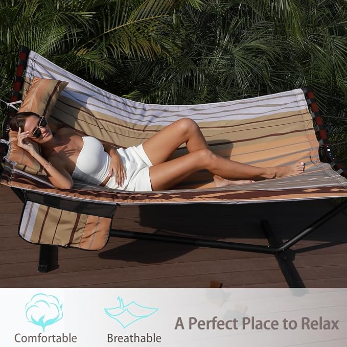 TegerDeger 12FT 2 Person Hammock Large Hammock 450LB Capacity with V Shaped Hardwood Spreader Bar &amp Nylon Rope for Outside Patio Garden Backyard Beach Poolside - Fall Yellow Stripes