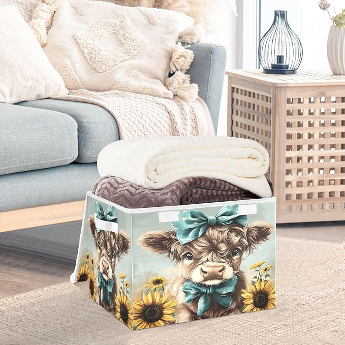 MNSRUU Containers Baskets with Lids Cute Highland Cow Bow Fabric Foldable Storage Bins Organizer with Lid Collapsible Storage Boxes for Home Bedroom Closet Office