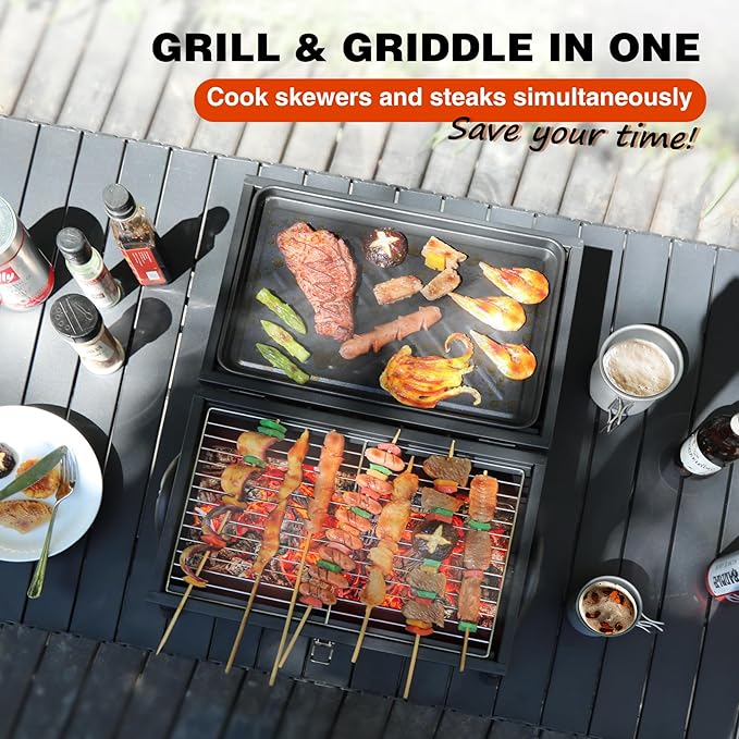 REDCAMP Portable Charcoal Grill with Thermometer Heavy-Duty Thick Steel &amp Foldable Design Compact Small Tabletop Barbecue Grillfor Camping Backyard Beach - Easy Assembly Dual Grilling Zones