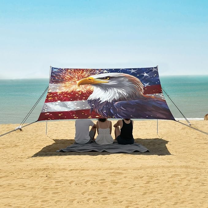 ALAZA Independence Day Flag with Eagles Firework Beach Tent Sun Shelter Portable Canopy Sunshade for Outdoor Camping Picnics Backyard Fun 10x9 ft