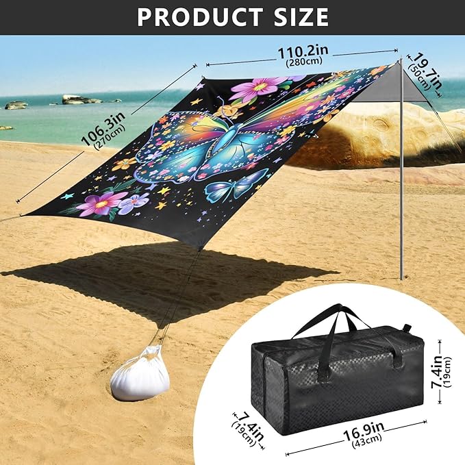ALAZA Flower Big Butterfly Beach Tent Sun Shelter Portable Canopy Sunshade for Outdoor Camping Picnics Backyard Fun 10x9 ft