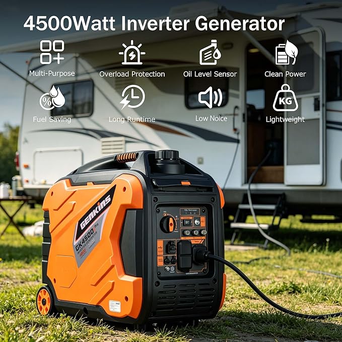Genkins 4500W Portable Inverter Generator Gas Powered Pure Sine Wave Lightweight Quiet Parallel Capability for Camping RV Home Backup