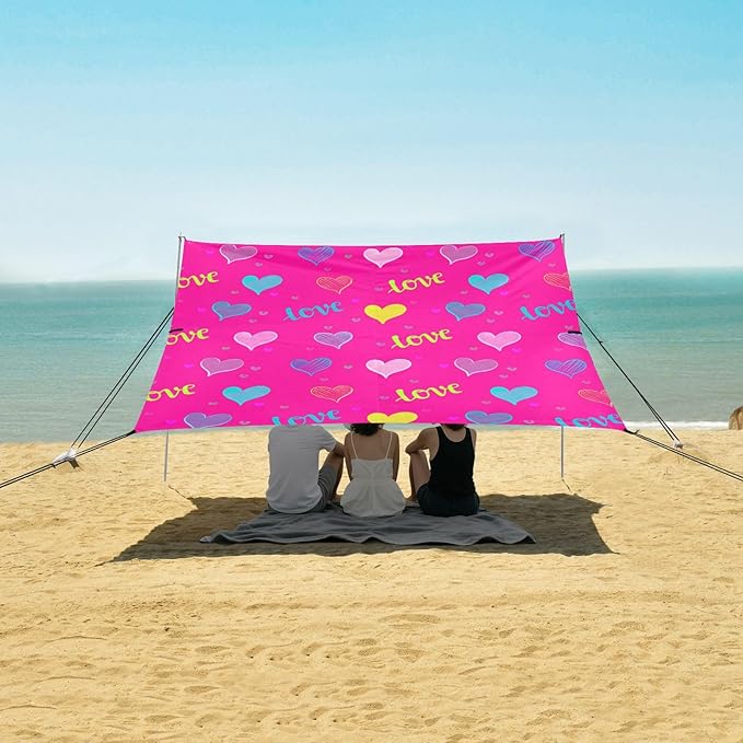 Beach Canopy with Windproof Ropes &amp Sandbags Beach Tent Sun Shade Sun Shelter for Camping Trips Fishing Backyard Fun or Picnics Hearts