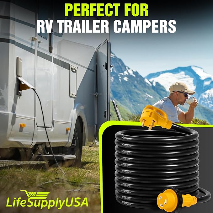50ft RV Extension Cord 30 AMP (TT-30P/L5-30R) with Twist-Lock Connector and Grip Handle Hook and Loop Strap - STW 10/3 AWG 125 Volt - Heavy Duty - by LifeSupplyUSA