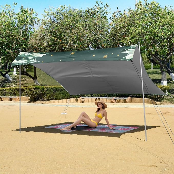ALAZA Christmas Tree Stars Beach Tent Sun Shelter UPF50+ Protection Beach Shade Canopy w/ 4 Sandbags for Outdoor Camping Fishing Backyard Fun Picnic 10x9 ft