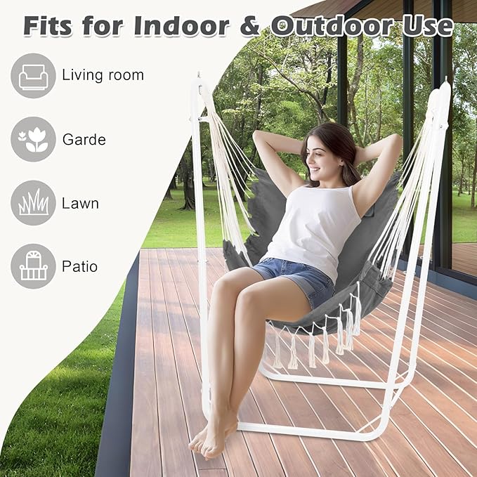 U-Shaped Hammock Chair with Stand Indoor &amp Outdoor Heavy-Duty Metal Frame Hammock Swing Stand Chair with Side Pockets for Brackyard Patio Porch (Dark Gray)