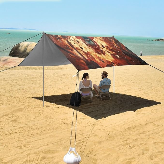 Flaming Guitar Skull Rock Beach Tent Sun Shelter Set UPF50+ UV Protection 10.5 x 9.19 FT Camping Shade Canopy with Sandbags Sand Anchors Carrying Bag and Others