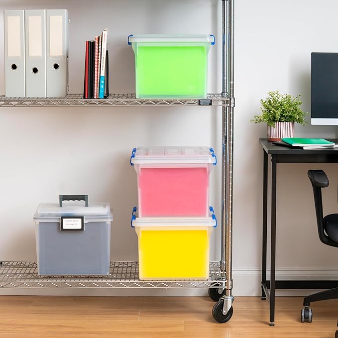 IRIS USA File Box WeatherPro File Organizer for Letter/Legal File Water Resistant Document Box Plastic Gasket File Box With Tight Latch and Seal Stackable Nestable Clear/Blue 32 Qt. 3 Pack