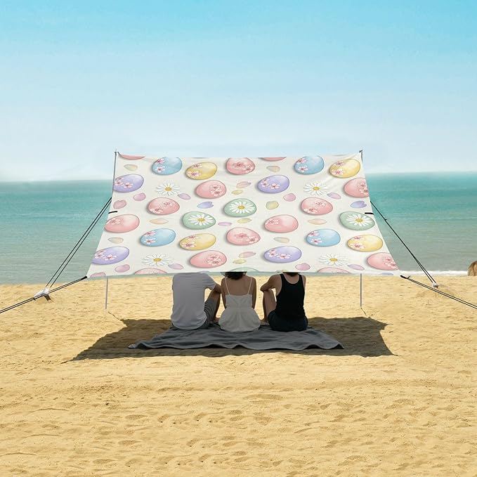Beach Canopy with Windproof Ropes &amp Sandbags Beach Tent Sun Shade Sun Shelter for Camping Trips Fishing Backyard Fun or Picnics Easter Egg