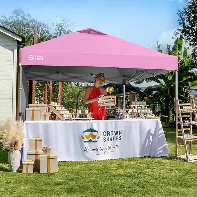 CROWN SHADES Canopy Tent 10 x 10 Foot Portable Pop Up Outdoor Shelter with 1 Sidewall Easy 1 Push Center Lock UV Protection and Carry Bag Pink