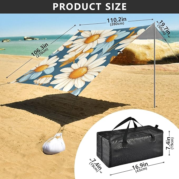 ALAZA Vintage Flower Daisy Beach Tent Sun Shelter Portable Canopy Sunshade for Outdoor Camping Picnics Backyard Fun 10x9 ft