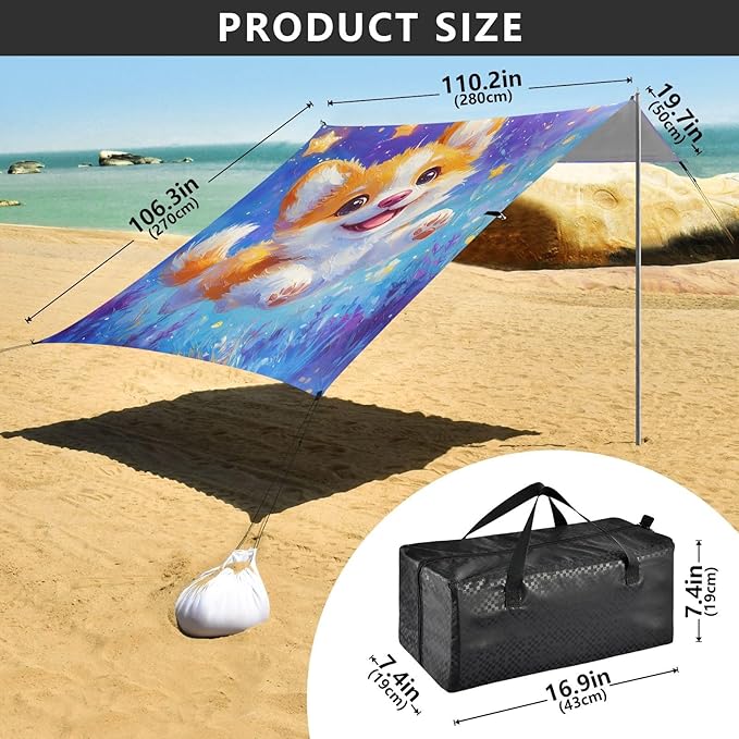 ALAZA Cute Corgi Dog Puppy Starry Beach Tent Sun Shelter UPF50+ Protection Beach Shade Canopy w/ 4 Sandbags for Outdoor Camping Fishing Backyard Fun Picnic 10x9 ft