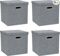 Storage Bins with Lids Collapsible Linen Fabric Boxes Organizer Containers with Lid Foldable Storage Box Basket for Closet Shelves Home Office 12 x 12 x 12.4 Inch 4 Pack Dark Gray