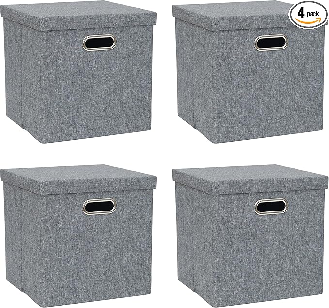 Storage Bins with Lids Collapsible Linen Fabric Boxes Organizer Containers with Lid Foldable Storage Box Basket for Closet Shelves Home Office 12 x 12 x 12.4 Inch 4 Pack Dark Gray