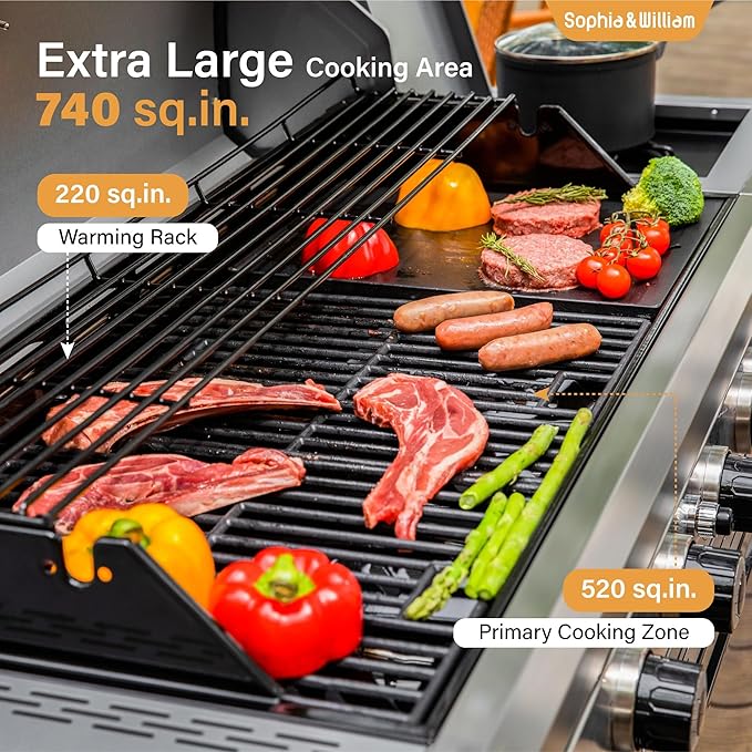 Sophia &amp William 6-Burner Propane Gas BBQ Grill with Side Burner &amp Porcelain-Enameled Cast Iron Grates Gas Grill Griddle Combo for Outdoor Cooking Barbecue Events 740 SQ.IN. Cooking Area B