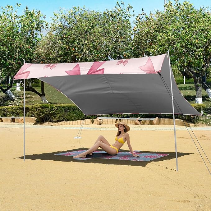 xigua Bow Beach Tent Sun Shelter with Carrying Bag - Silver Coated Oxford Fabric Beach Canopy for Beach Camping Fishing - Includes Windproof Ropes Sandbags &amp Stakes