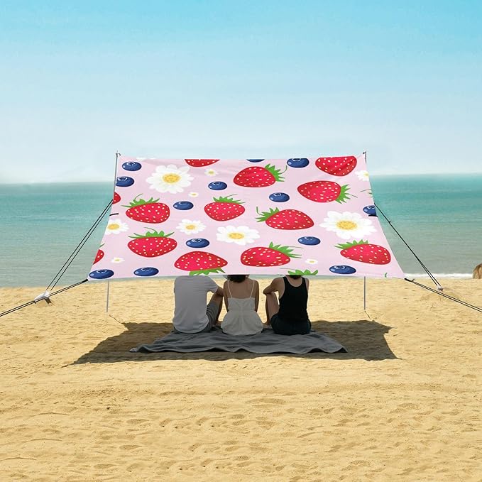 Beach Canopy with Windproof Ropes &amp Sandbags Beach Tent Sun Shade Sun Shelter for Camping Trips Fishing Backyard Fun or Picnics Strawberries