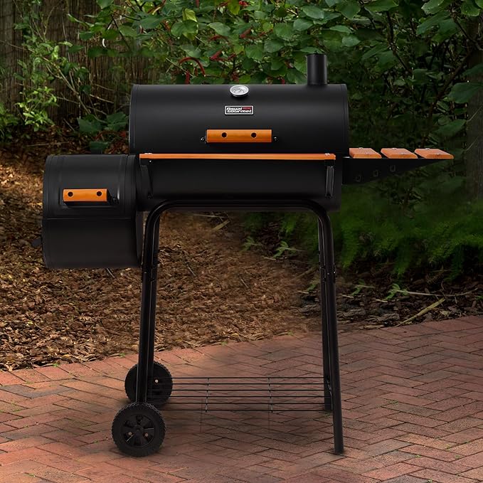 Royal Gourmet CC1624W Barrel Charcoal Grill with Offset Smoker 552 Sq. In. Cooking Area Wooden Front and Side Shelf with Hooks Mesh Bottom Shelf Charcoal Grill for Outdoor Grilling Black