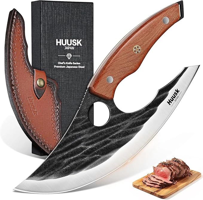 Huusk Japan Ulu Knife with Sheath - Christmas Gift for Men and Women - Hand Forged Caveman Ultimo Knife with Full Tang Wooden Handle - BBQ Knives for Vegetables Fruit Pizza