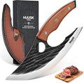 Huusk Japan Ulu Knife with Sheath - Christmas Gift for Men and Women - Hand Forged Caveman Ultimo Knife with Full Tang Wooden Handle - BBQ Knives for Vegetables Fruit Pizza