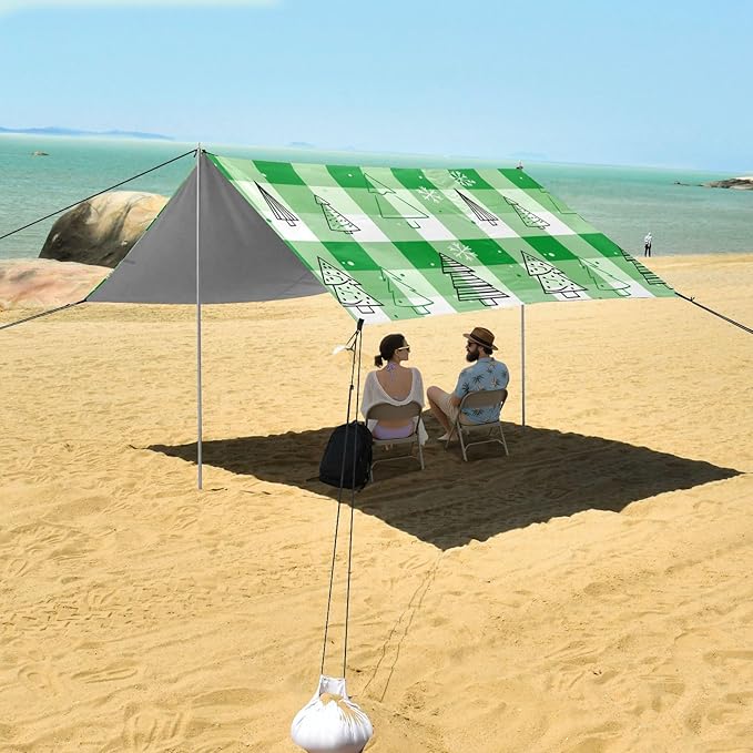Beach Canopy with Windproof Ropes &amp Sandbags Beach Tent Sun Shade Sun Shelter for Camping Trips Fishing Backyard Fun or Picnics Pine Tree Pattern