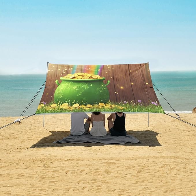 St Patrick's Day Rainbow Coins Pot Beach Tent Sun Shelter Set UPF50+ UV Protection 10.5 x 9.19 FT Camping Shade Canopy with Sandbags Sand Anchors Carrying Bag and Others