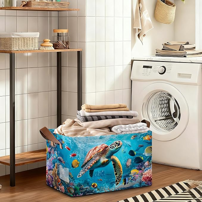 Sea Turtle Storage Bins with Handles Collapsible Storage for Clothes Gift Basket Blankets &amp Closet Organization