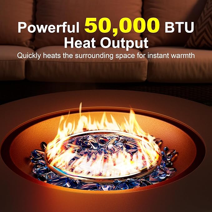 30' Outdoor Fire Pit Table with 50000 BTU Output Premium Gas Fire Pit Tables for Outside Patio Round Propane Fire Pit with Glass Stones Waterproof Cover (Grey/Warm Light 30 LED)