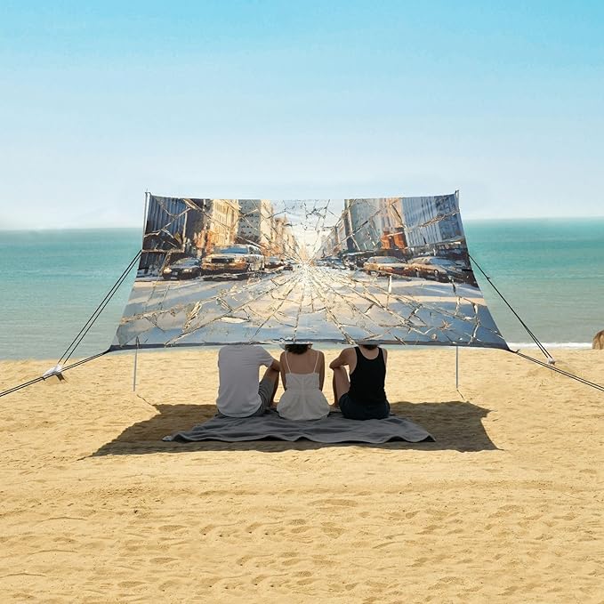 Broken Windshield with City Cars Print Beach Tent Sun Shelter Set UPF50+ UV Protection 10.5 x 9.19 FT Camping Shade Canopy with Sandbags Sand Anchors Carrying Bag and Others