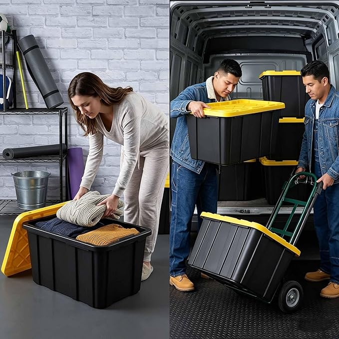 6-Pack 27-Gallon Heavy Duty Storage Bins Stackable Plastic Container with Snap Lid Organizer Tote for Garage Attic Closet Basement Truck Bed - Black and Yellow