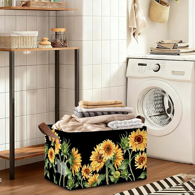 Storage Bin with Handles Sunflowers Collapsible Laundry Baskets for Books Laundry - Use in Nursery Closet Organizers and Storage Blanket Basket