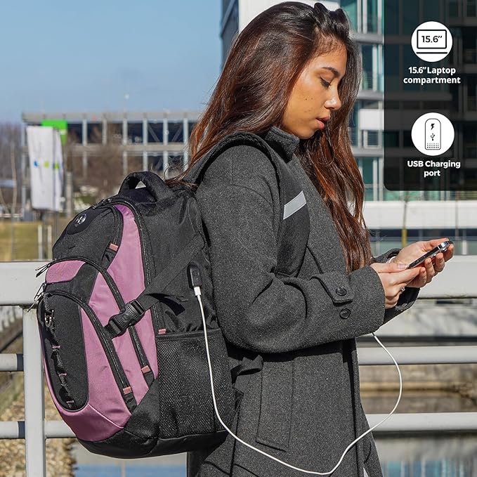 Swissdigital Design Laptop Backpack with USB Charging Port Travel Backpack Fits 15.6 inches Computer 31L College School Backpack for Women Light Purple/Black | SD803-85