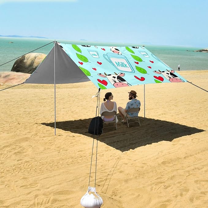 Beach Canopy with Windproof Ropes &amp Sandbags Beach Tent Sun Shade Sun Shelter for Camping Trips Fishing Backyard Fun or Picnics Cartoon Cows