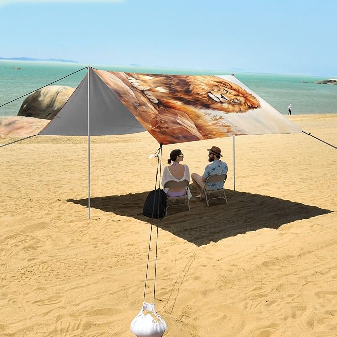 ALAZA Lion in Field Beach Tent Sun Shelter UPF50+ Protection Beach Shade Canopy w/ 4 Sandbags for Outdoor Camping Fishing Backyard Fun Picnic 10x9 ft