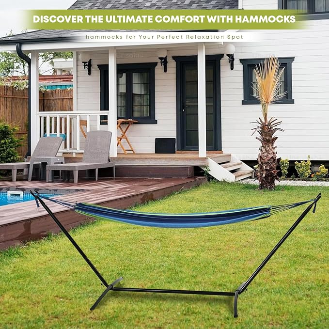 Double Hammock with Space Saving Steel Stand(450 lb Capacity - Premium Carry Bag Included)Portable Hammock with Heavy Duty Steel Stand for BackyardCamping or GardenBlue