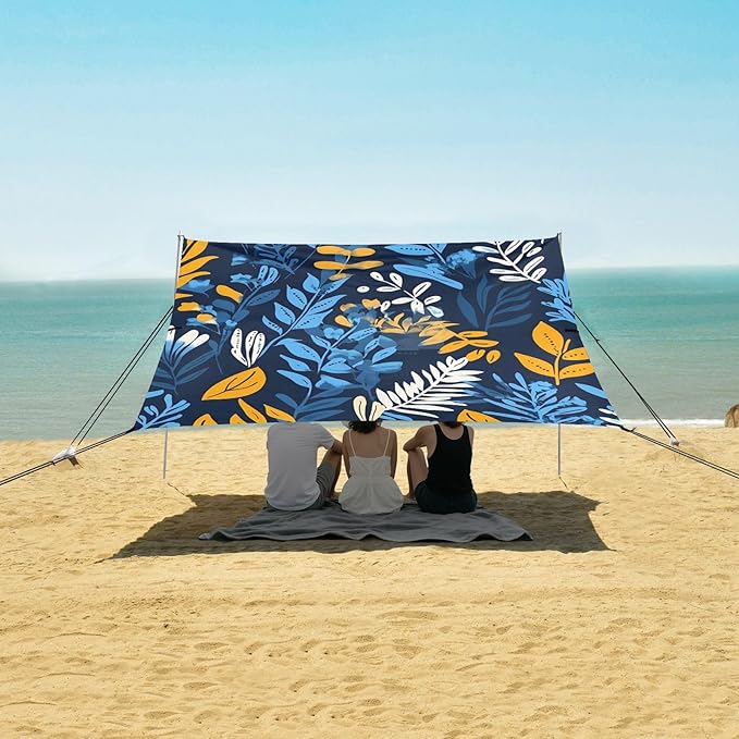 Beach Canopy with Windproof Ropes &amp Sandbags Beach Tent Sun Shade Sun Shelter for Camping Trips Fishing Backyard Fun or Picnics Leaves