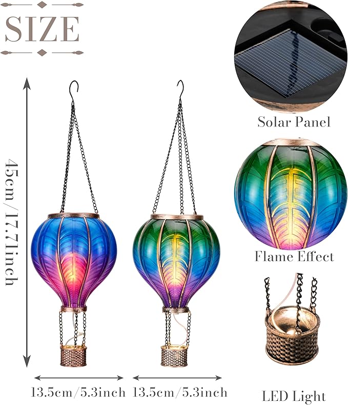 TERESA'S COLLECTIONS 2 Pack Hanging Solar Lantern Outdoor Garden Decor for Valentine Waterproof Plastic Hot Air Balloon Green Flickering Flame Effect Lantern for Yard Tree 18