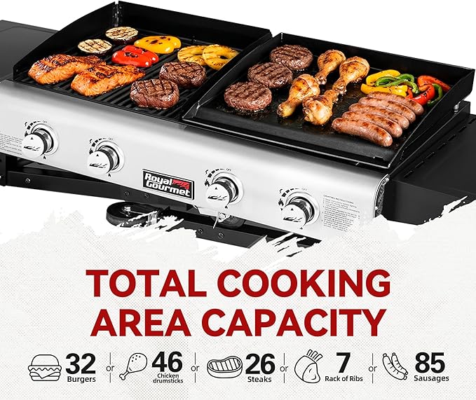 Royal Gourmet GD401C 4-Burner Propane Gas Grill and Griddle Combo with Cover Griddle Grill Combo with 48000 BTUs Output for Outdoor Cooking While Camping or Tailgating Black &amp Silver