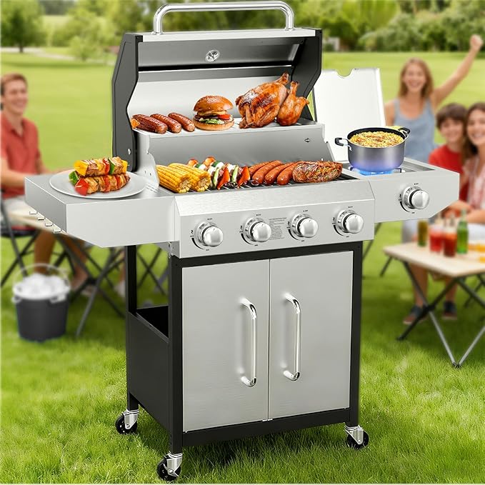 Llamaviva 4 Burner Gas Grill with Side Burner 60000 BTU Propane Flat Top Grill Stainless Steel Outdoor BBQ Grill Portable with Wheels for Patio Camping