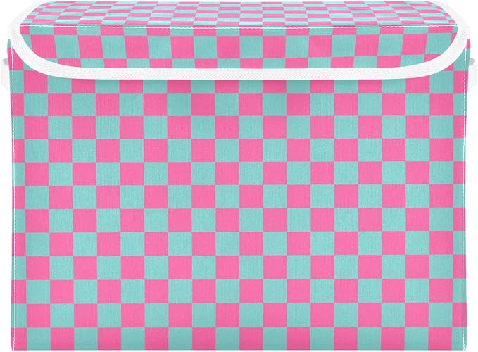 Pink Blue Checkerboard Storage Baskets Lidded Bin Foldable Storage Boxes Cubes Lids with 2 Handles for Organizing Closet Home Office