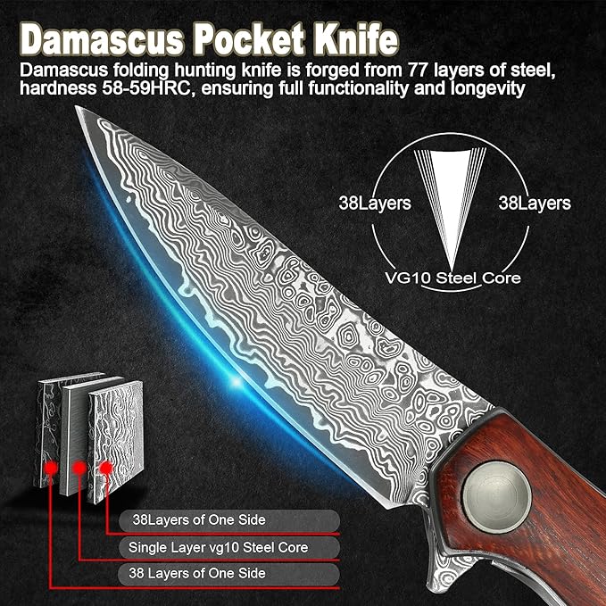 AUBEY Damascus Pocket Knife with Wooden Handle for EDC Camping Collection