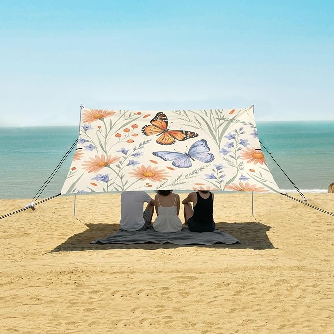 xigua Butterfly Beach Tent Sun Shelter with Carrying Bag - Silver Coated Oxford Fabric Beach Canopy for Beach Camping Fishing - Includes Windproof Ropes Sandbags &amp Stakes