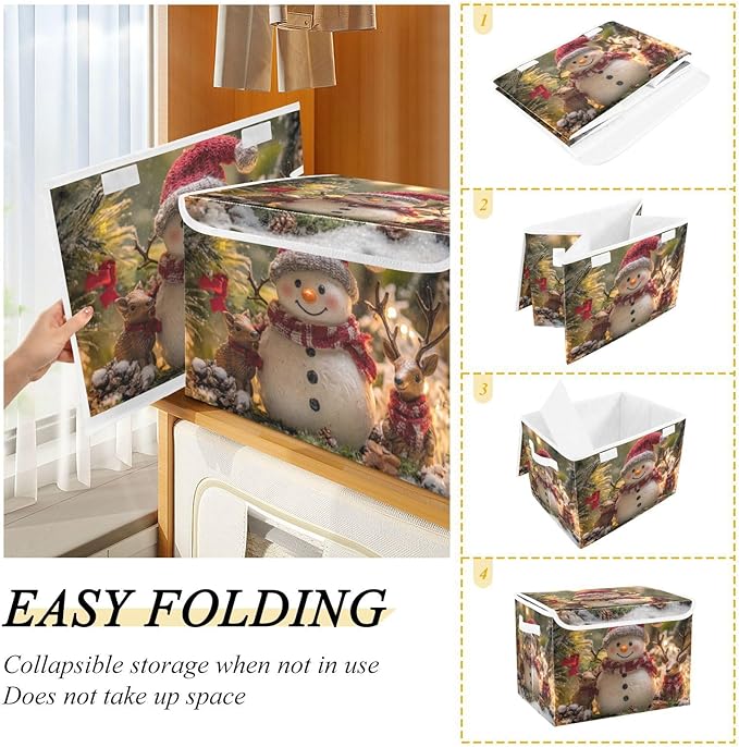 Christmas Snowman Deer Collapsible Storage Bins with Lids Decorative Fabric Storage Cubes Closet Organizer and Storage Basket Boxes Containers for Clothes Box Chest Folding Rectangle
