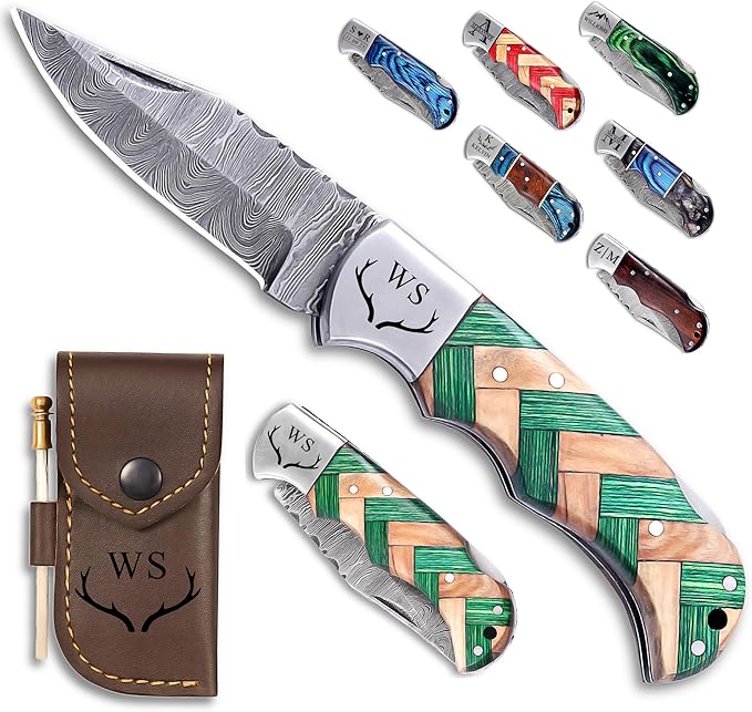 Custom Pocket Knife gifts for Men Personalized Damascus Folding Knife Engraved Gifts for Him Dad Boyfriend Husband Anniversary Groomsmen Gifts. Custom Knife for Camping Hunting Everyday Carry (