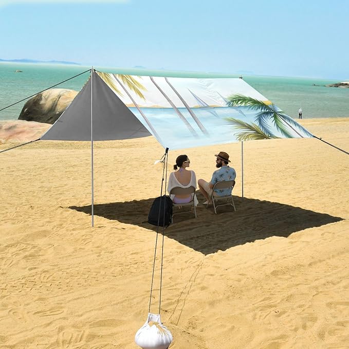 Beach Canopy with Windproof Ropes &amp Sandbags Beach Tent Sun Shade Sun Shelter for Camping Trips Fishing Backyard Fun or Picnics Beach