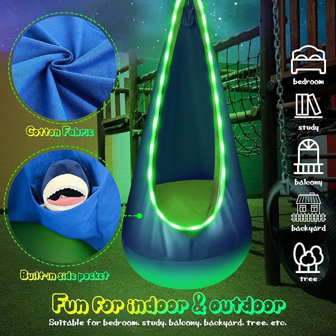 Light Up Kids Pod Swing Seat Upgraded Kids Hanging Hammock Swing with LED Lights Cotton Sensory Pod Swing Chair with Inflatable Pillow Pod Swing for Kids Indoor &amp Outdoor (1 PCS) (Blue)